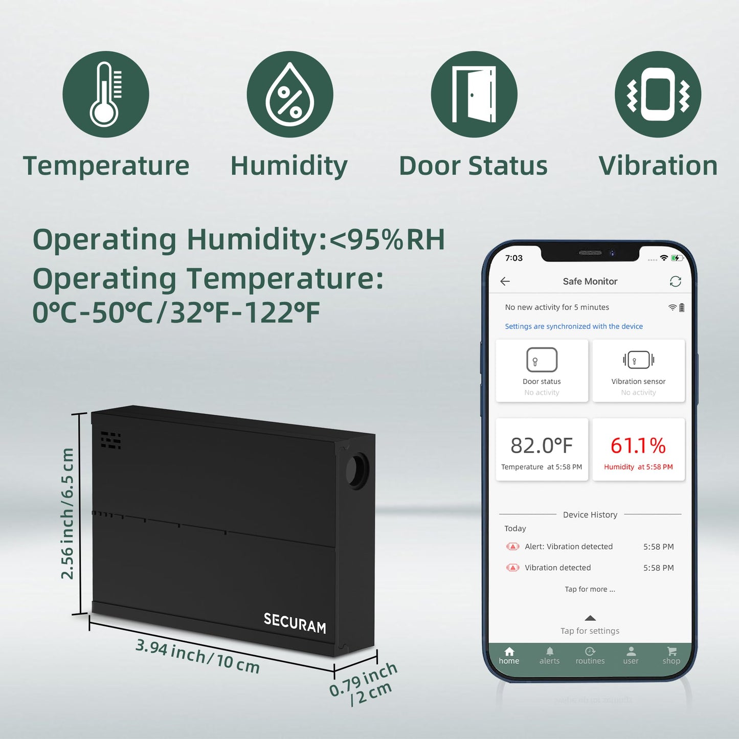 SECURAM Gun Safe/Safe Box/Cabinet Safe Security Monitor, Remotely Monitor Door Status & Vibration, Temperature and Humidity, 24/7 Monitoring, with SECURAM Guard App