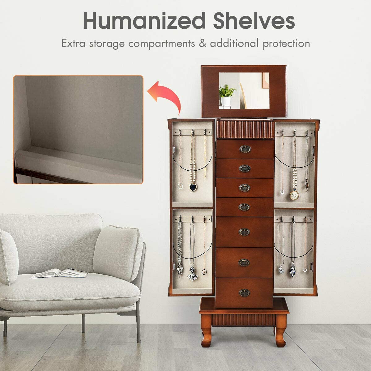 AUGESTER Jewelry Cabinet Armoire Freestanding with Top Mirror, Wooden Jewelry Cabinet w/ 7 Drawers, 2 Swing Doors, 12 Necklace Hooks, Makeup Mirror and Top Divided Storage Organizer, Large Capacity