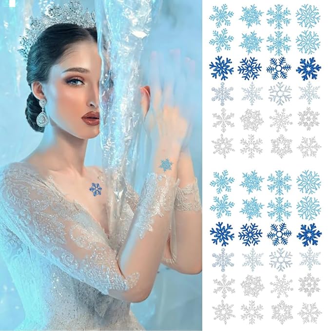 Glitter Snowflake Temporary Tattoos, 48PCS Winter Snowflake Sticker Tattoo Cute Apparel Accessories for Body Face Kids Wom...