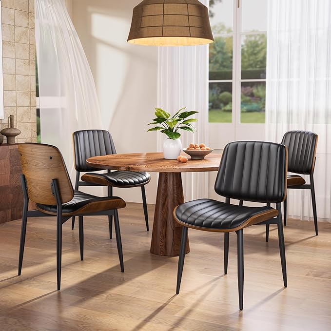 YaFiti Dining Chairs Set of 6, FSC Certified Mid Century Modern Dining Room Kitchen Chairs, Upholstered PU Leather Vertical Stripe Chairs for Vanity with Walnut Bentwood and Metal Legs, Black