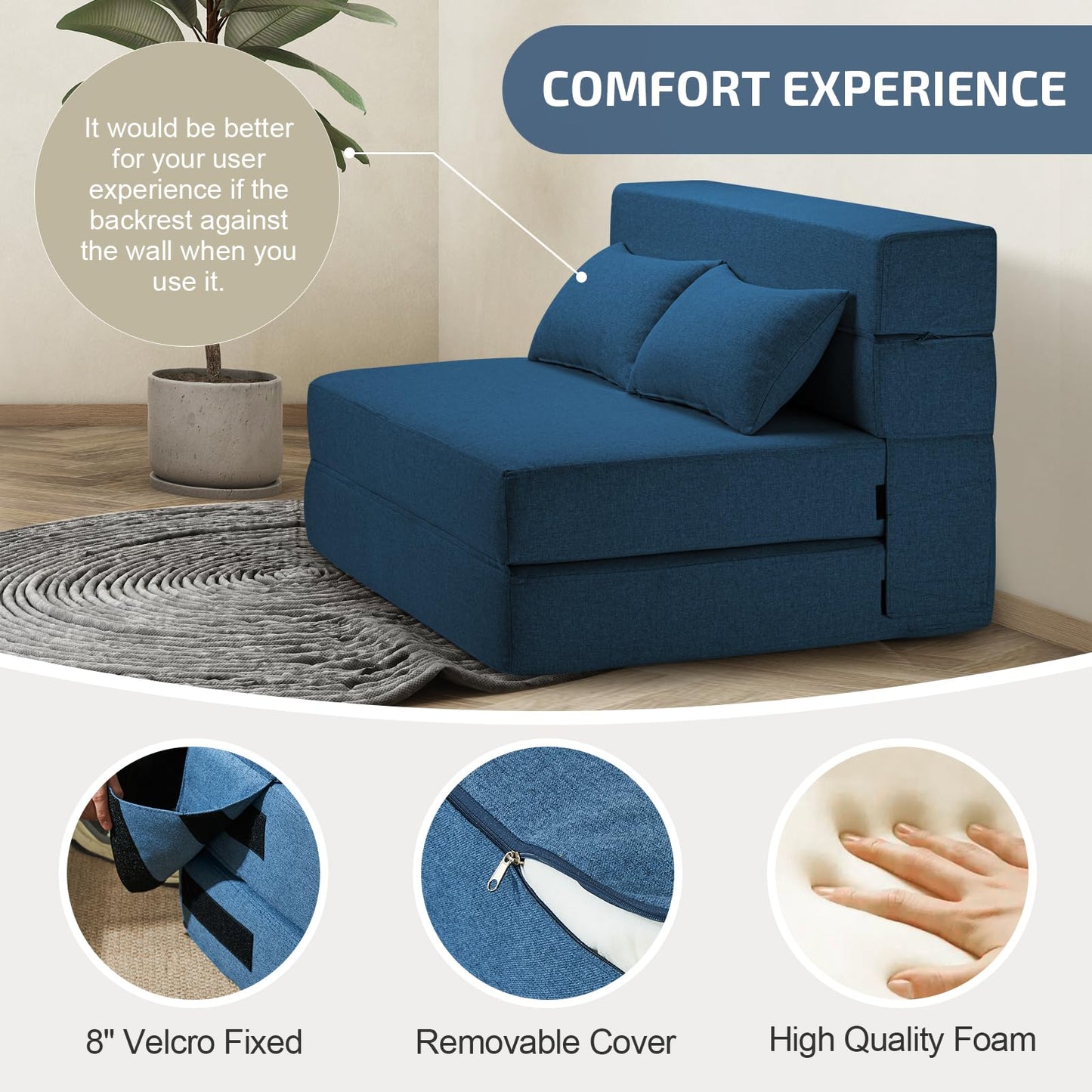 SUYOLS Folding Sofa Bed with Pillows- Convertible Chair Floor Couch & Sleeping Mattress, Foldable Memory Foam Sleeper for Living Room/Dorm/Guest Room/Home Office/Apartment/Loft, Twin, Navy Blue