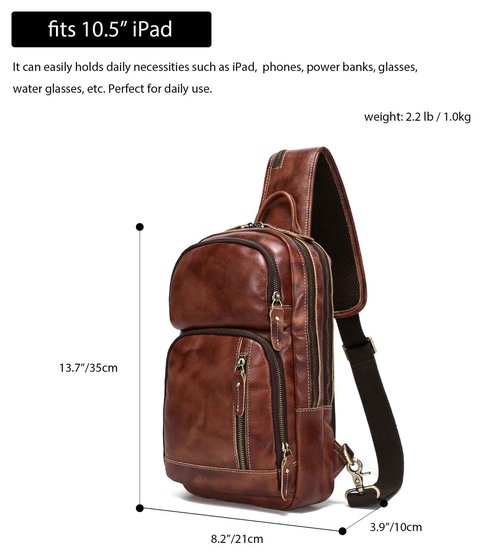 LANNSYNE Men's Vintage Full Grain Leather Sling Bag, Crossbody Chest Daypack fits 10.5" iPad