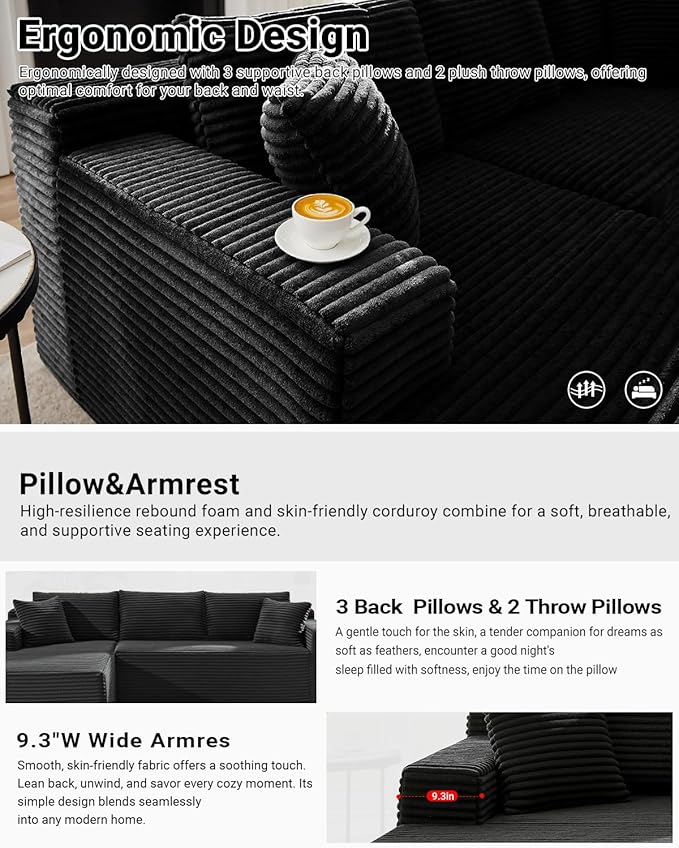 105 Inch Cloud Sectional Couch,Modern Modular Sectional Sofa with Deep Seat,Corduroy Boneless Couches with L-Shape Chaise for Living Room Bedroom,No Assembly Required (Black, Left Facing Chaise)