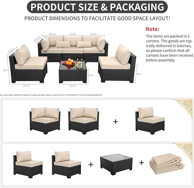 Patio Sectional 6 Pieces All-Weather Wicker Patio Furniture Set Outdoor Sectional with Glass Patio Table Non-Slip Cushions and Waterproof Covers, Khaki