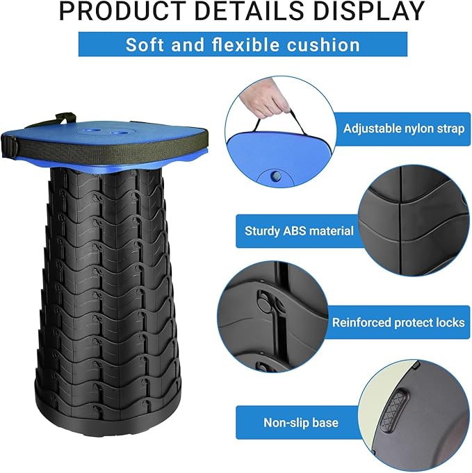 ZTMT Upgraded Folding Stool - 485lbs Load Capacity,Telescopic Stool,Portable Collapsible Seat for Camping,Fishing,Hiking,Travel