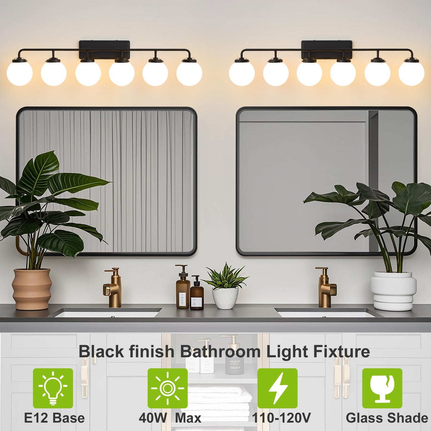 Deyidn Bathroom Light Fixtures Over Mirror, 6-Light Matte Black Vanity Lighting with Milk White Glass Globe Shades Modern Wall Sconce