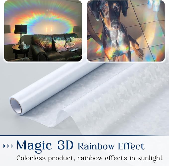 Haton Window Privacy Film Rainbow Film Stained Glass Window Clings, 3D Decorative UV Sun Blocking Sticker, Removable Static Cling Heat Control Tint for Home Door, 17.5" x 157.4" Non-Adhesive