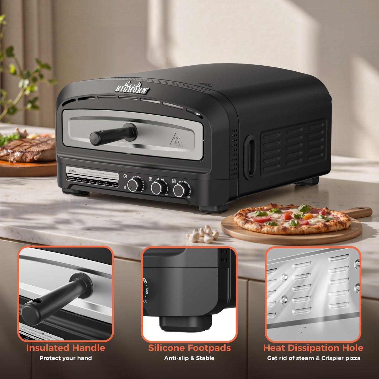 BIG HORN Pizza Oven Indoor, 14" Electric Countertop Pizza Oven with 6 Modes, Heats up to 850°F Pizza Maker, Flip-Up Design Pizza Cooker for Home Kitchen, Restaurants, Parties