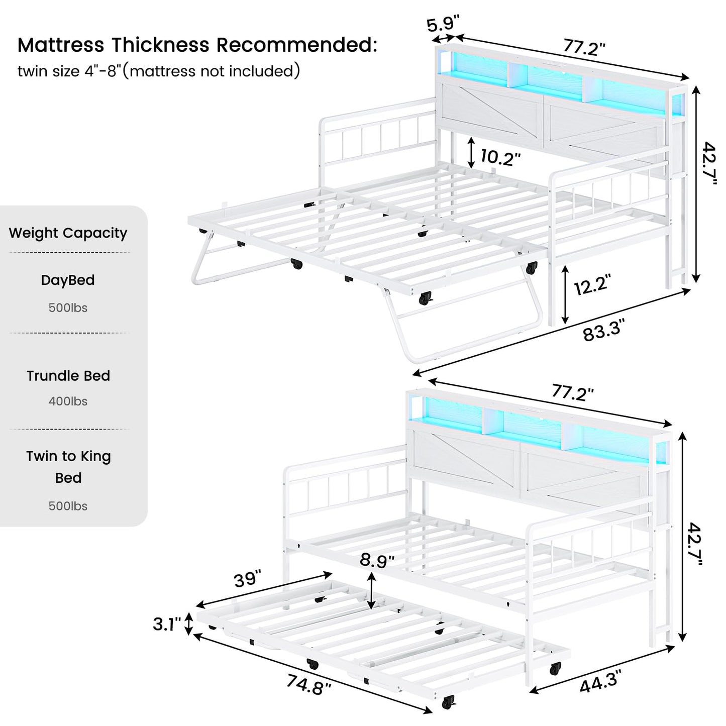 VIAGDO Day Bed with Trundle Bed Twin, Wood Day Bed with Hidden Storage Headboard, Farmhouse Daybed with Charging Station and LED Lights, Twin to King Daybed for Living Room, Guest Room, White