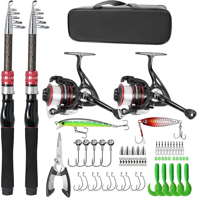Carbon Fiber Fishing Pole Combo Set -2PACK 2.1m/6.89ft Spinning Reel, 57pcs Accessories Kit for Saltwater & Freshwater Fis...