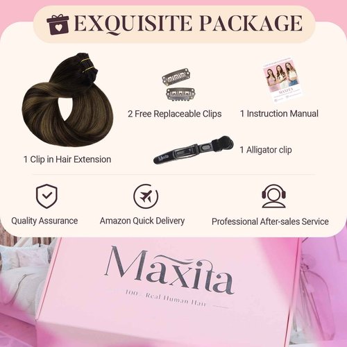 MAXITA Human Hair Clip in Extensions,120g 18 Inch 7pcs, Balayage Dark Brown Mixed Chestnut Brown Hair Extensions Clip in Human Hair Remy Hair Extensions Natural Straight Thick Hair
