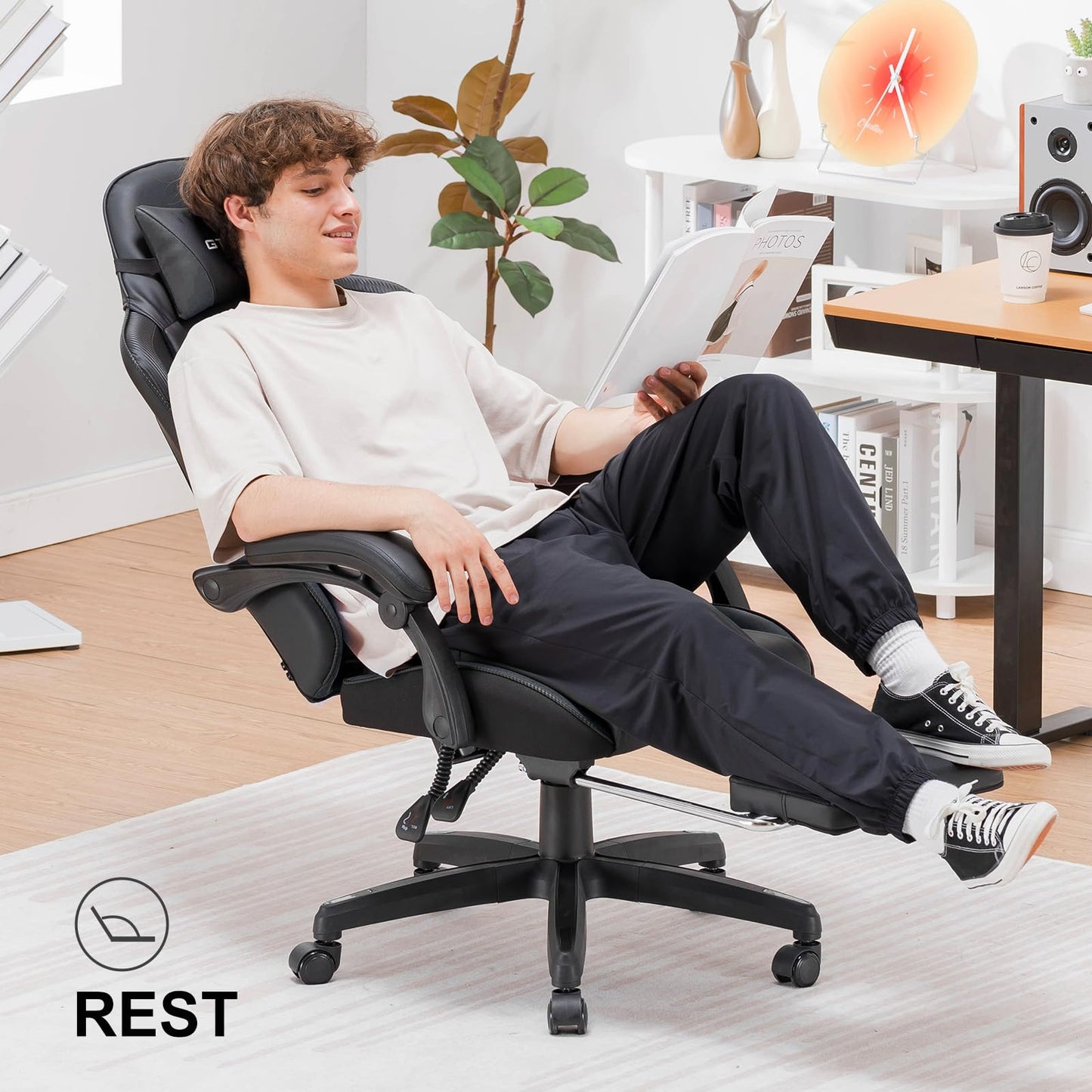 GTPLAYER Gaming Chair, High Back Leather Computer Game Chair with Footrest, Ergonomic Height Adjustable Office Chair with Removable Cover and Lumbar Support for Gaming and Work (Black)