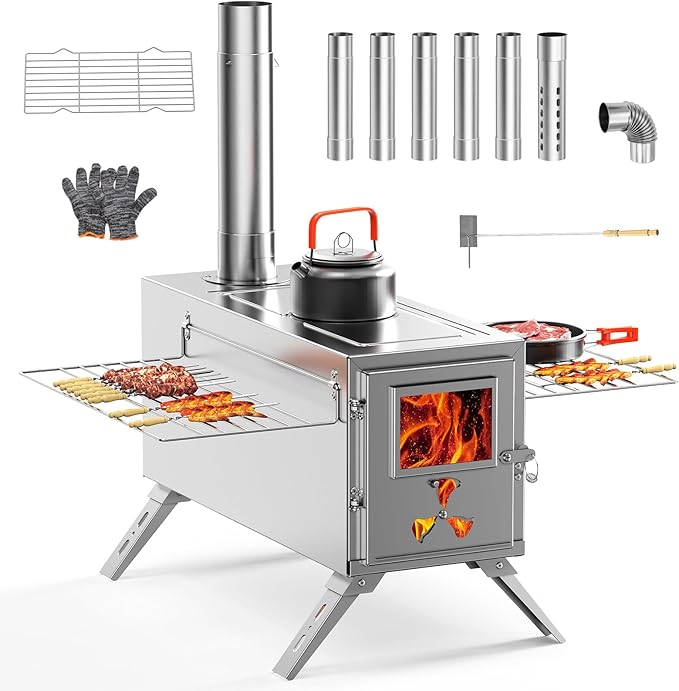 Upgraded Wood Stove, Hot Tent Stove Camping Portable Stainless Steel Wood Burning Stove with 7 Chimney Pipes for Wall Tent...