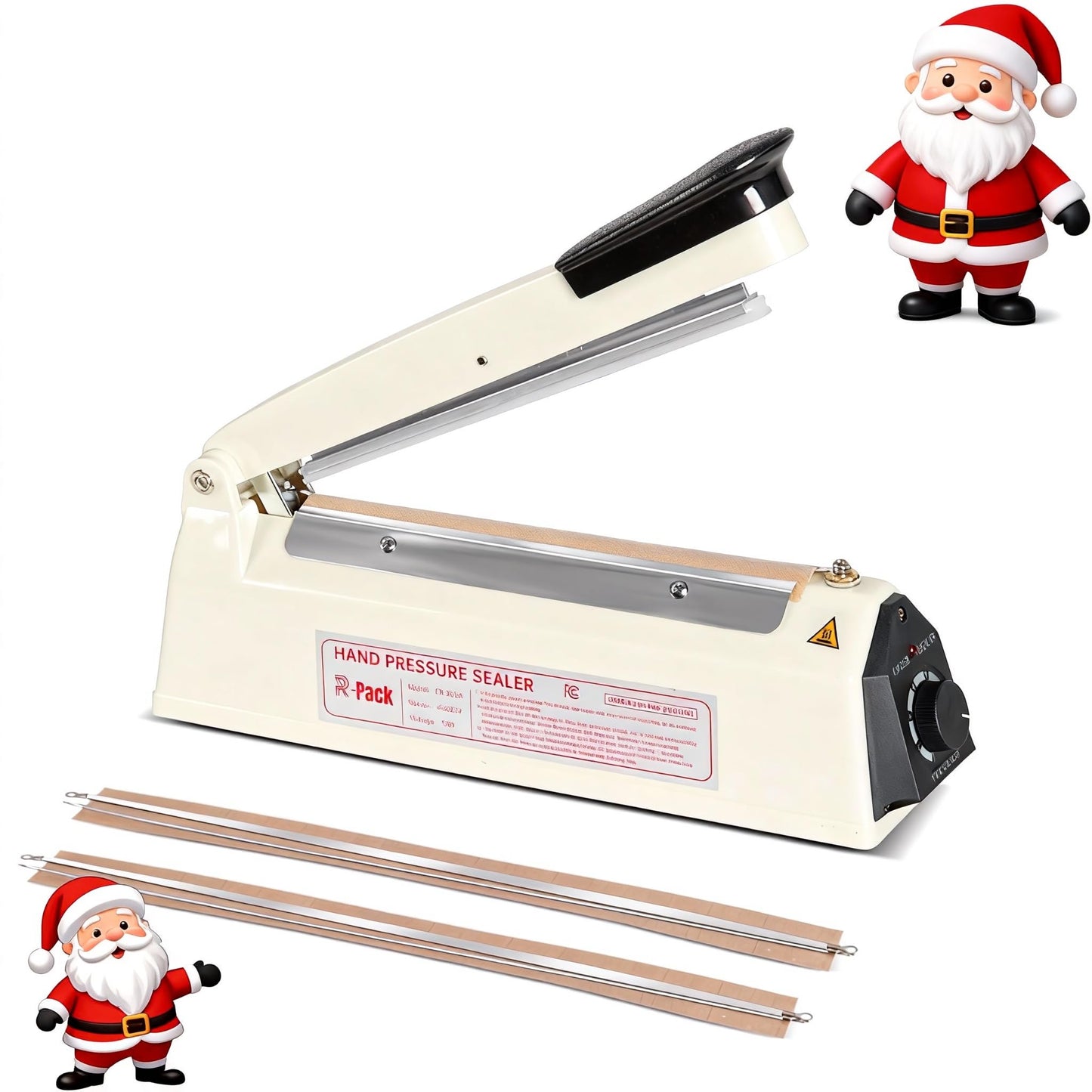 R-PACK Impulse Heat Sealer with Seal bar, Heavy-Duty Bag Sealing & Cutting Machine, 2 Extra Replacements (white, 8inch)