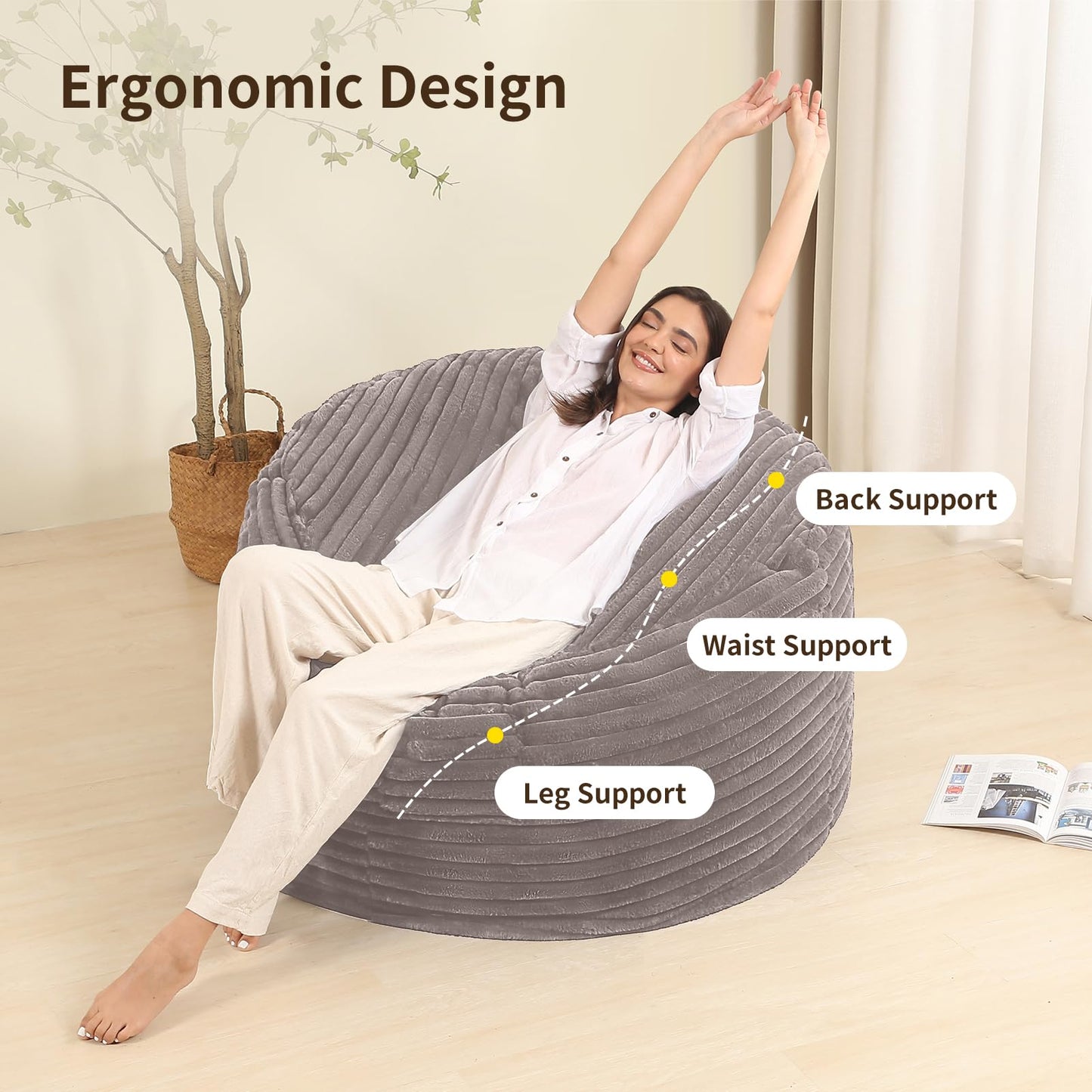 BestRoyal 3FT Memory Foam Bean Bag Chair for Adults/Teens, Bean Bag Sofa with Fluffy Removable Cover, for Living Room Bedroom, Grey