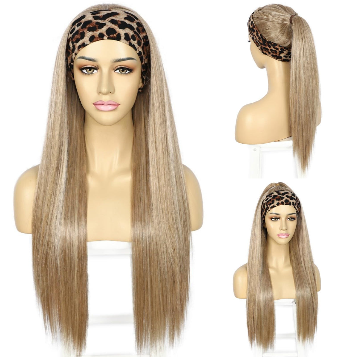 SAPPHIREWIGS Straight Headband Wigs for Women Long Straight Highlight Natural Blonde Synthetic Wigs Heat Resistant Natural Looki