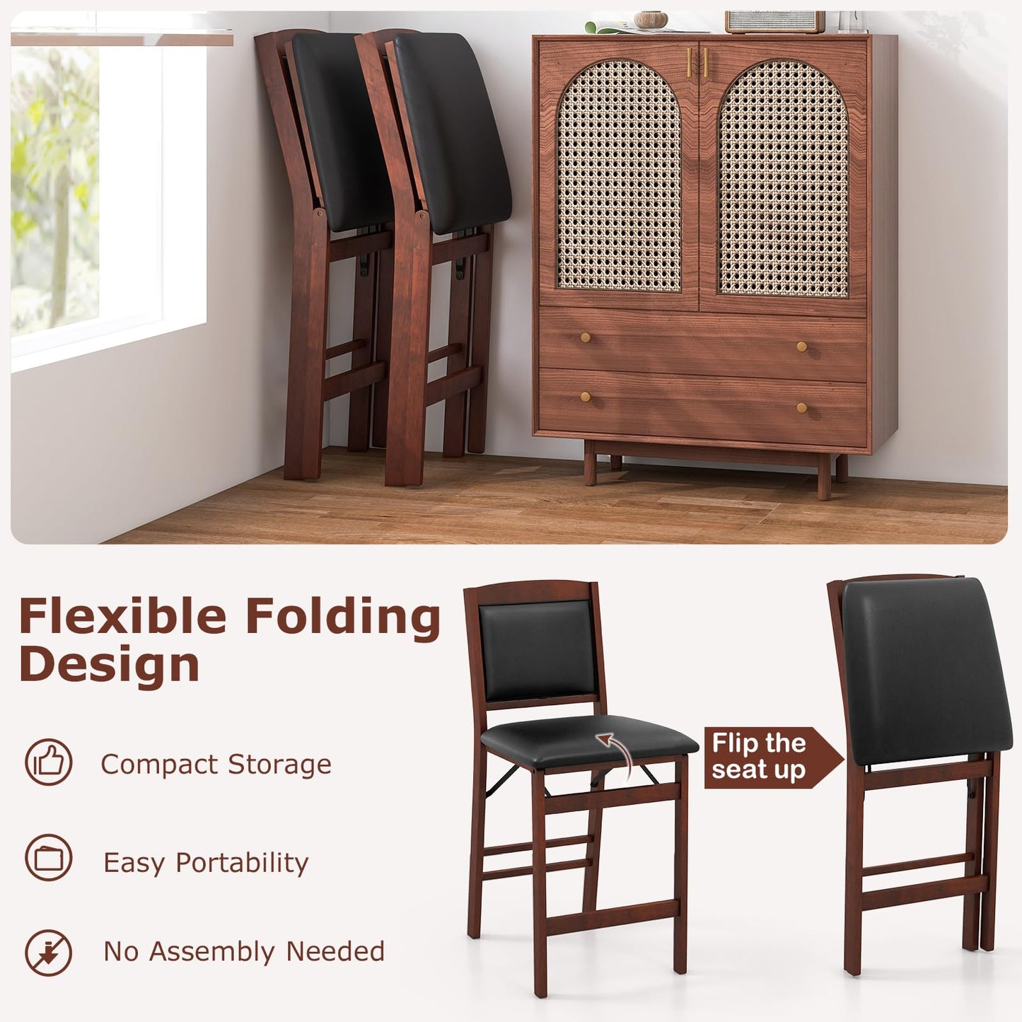Giantex Folding Counter Height Bar Stools Set of 2, 24.5" Farmhouse Barstools w/Padded Back & Seat, Footrest, Rubber Wood Legs, No Assembly Needed, Upholstered Bar Dining Chairs for Kitchen Island