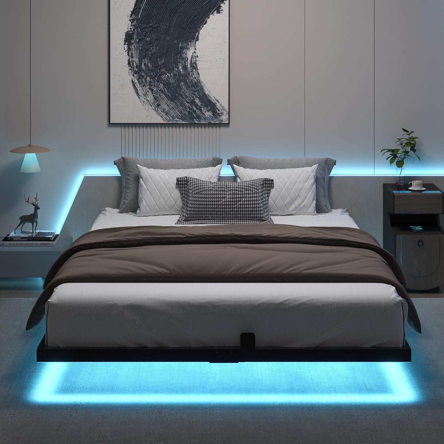 HOMBCK Floating Bed Frame Full Size with Smart LED Lights, Metal Platform Bed, No Box Spring Needed, Noise-Free, Easy Assembly