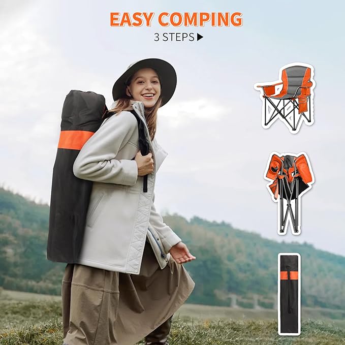 LANMOUNTAIN 2 Pack Padded Oversized Camping Chairs for Adults,Heavy Duty Support 400 Lbs,Folding Portable Lawn Chair w/Cup Holder,Cooler Bag,Side Pocket,Perfect for Outdoor Picnic,Hiking(Orange&Blue)