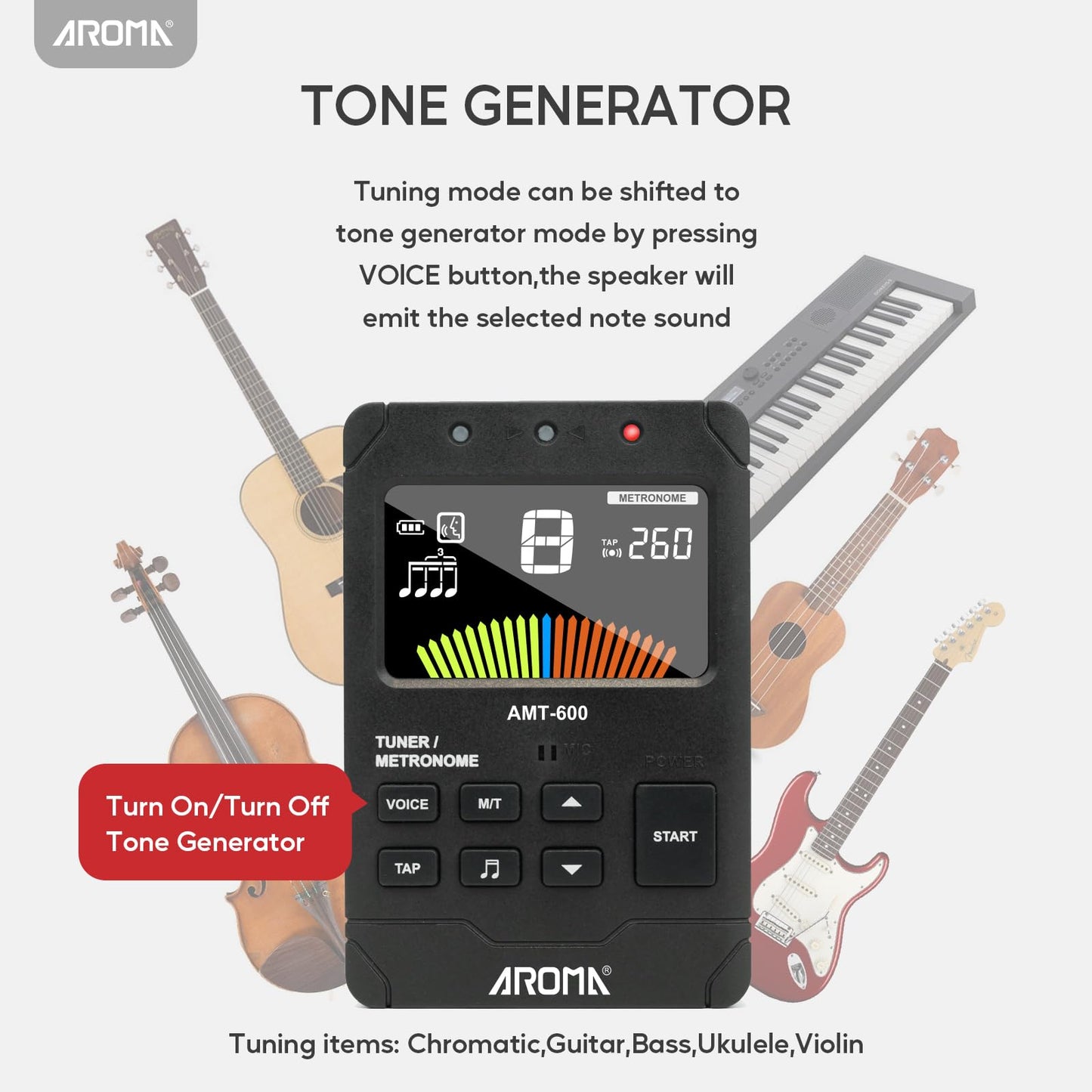 Aroma 3 In 1 Digital Metronome Tuner Rechargeable Suit For All Instruments -With Guitar, Bass, Violin, Ukulele And Chromatic Tun