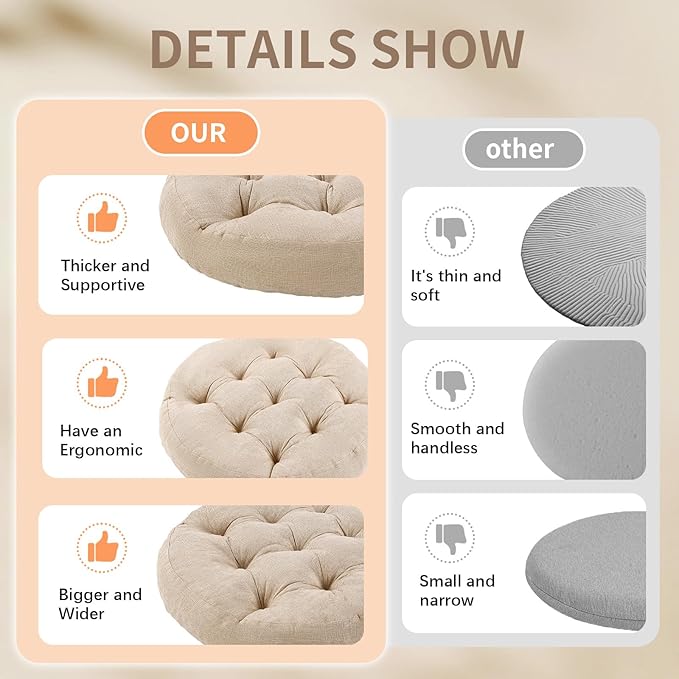 Meditation Floor Pillow, Round Floor Cushions for Adults, Button Tufted Seat Cushions for Yoga Tatami Living Room, Beige, 22 x 22 x 4 in