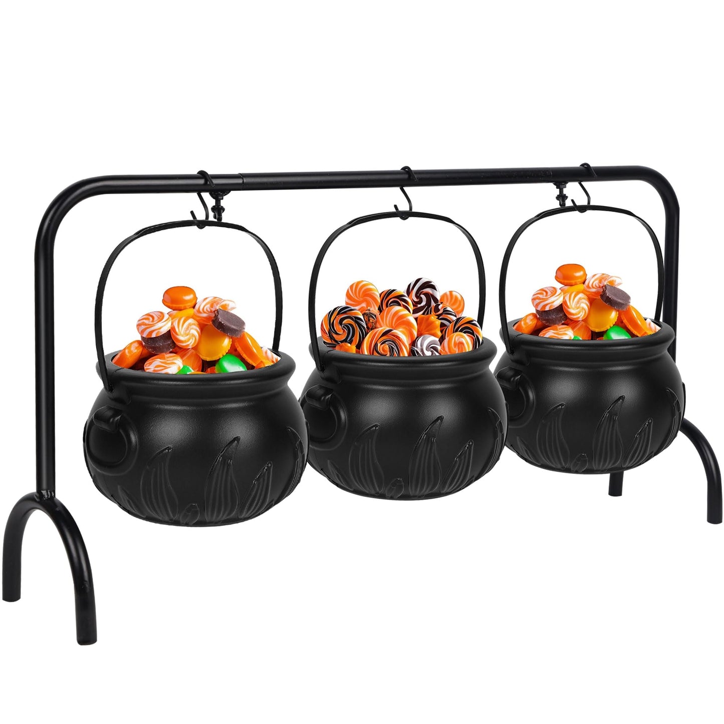 Zcaukya St. Patrick's Day Decorations, 3 Packs Plastic Witch Cauldrons Hanging On Iron Rack, Black Witch Pots Set with Stand Candy Holders for Haunted House Party Supplies Tabletop Decor