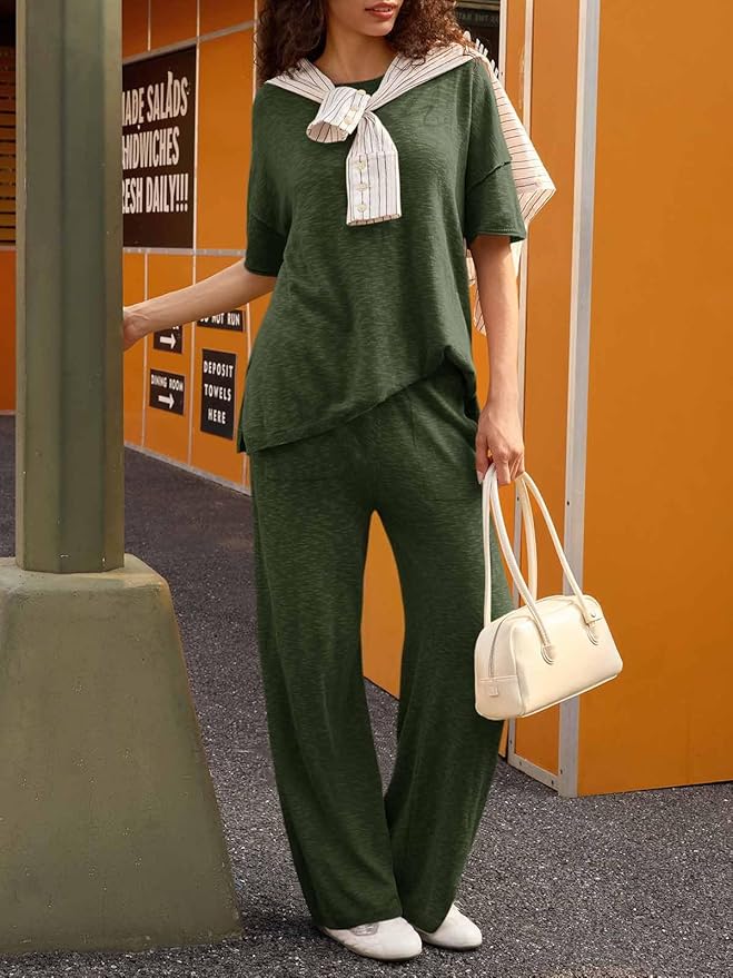 Tankaneo Women's 2 Piece Travel Outfits Casual Short Sleeve Knit Sweater Set Wide Leg Pants Lounge Sets Tracksuit