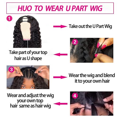Deep Wave U Part Human Hair Wig Curly U Part Wigs Glueless Human Hair wigs for Black Women None Lace Front Wigs Full Head Clip In Half Wig UPart Hair Extension Natural Color 180% Density 16 Inch