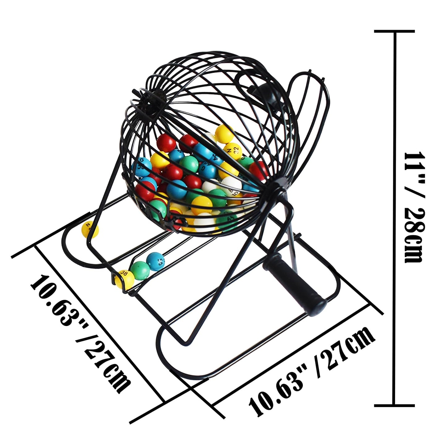 Yuanhe Jumbo Bingo Game Set - 11" Metal Round Cage, 75 Colored Balls, 100 Bingo Cards, 500 Mixed Chips and Master Board for Large Groups, Parties