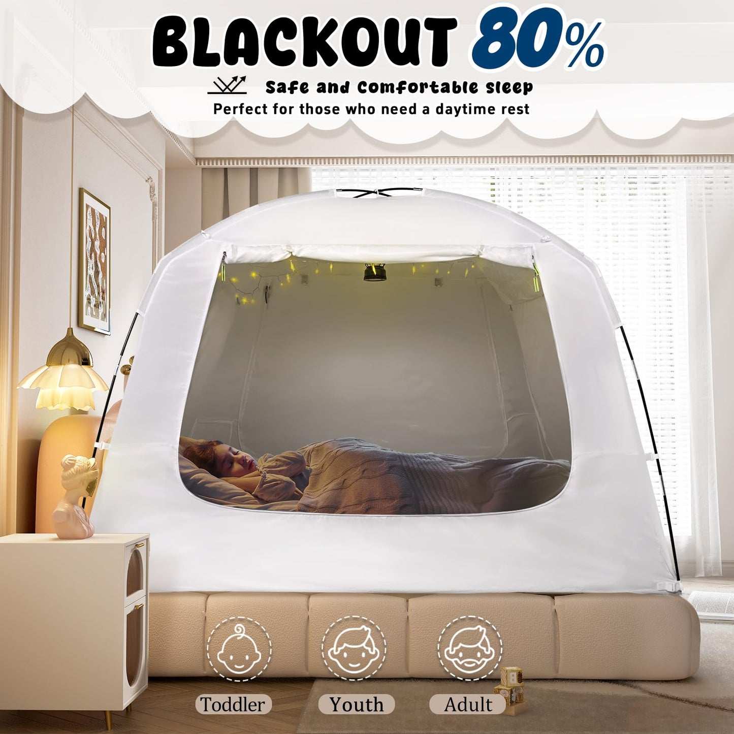 RIYDH Bed Tent Bed Canopy Full Size for Kid and Adults 100% Breathable Tents 4 Doors 80% Blackout - Indoor Portable Sleeping Tents Privacy Large Space with String Light