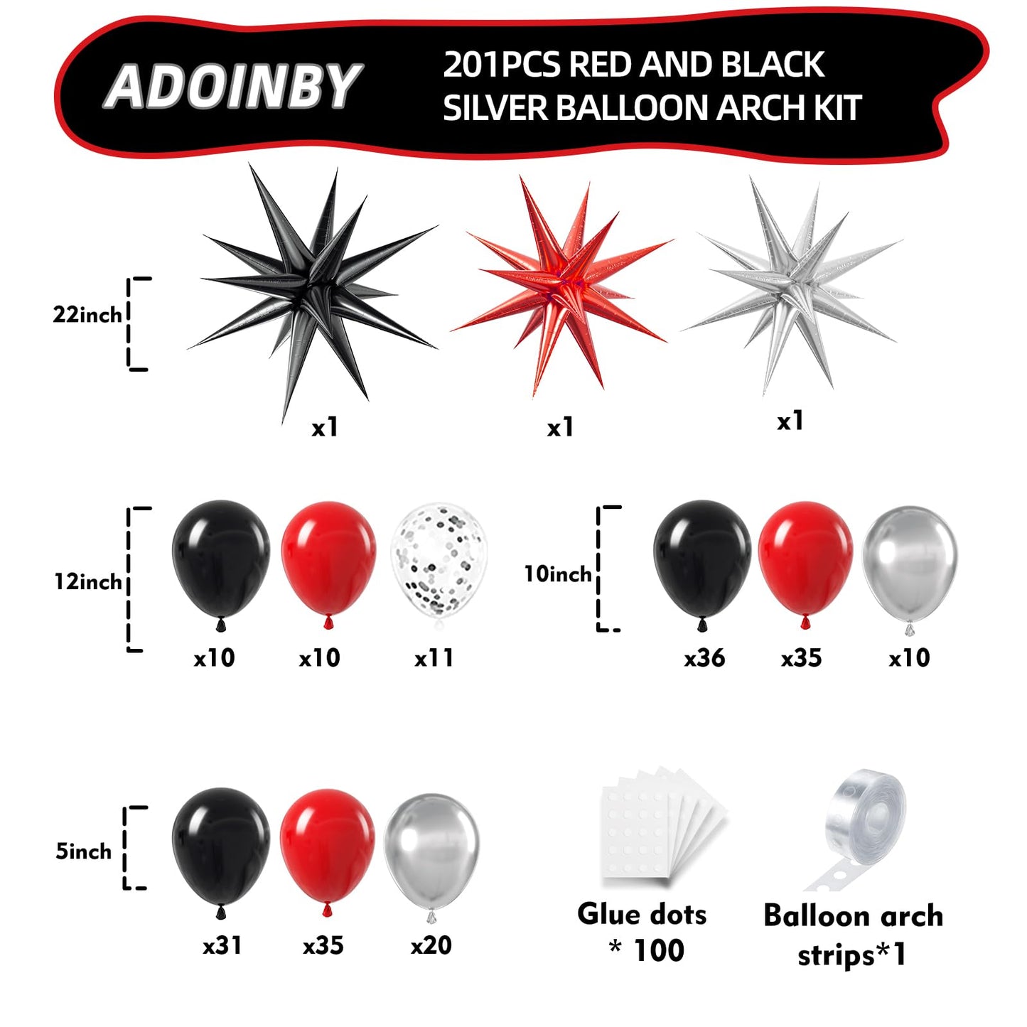 ADOINBY Red and Black Silver Balloon Arch Kit - 201Pcs Explosion Star Red Black Metallic Silver Balloon Garland kit Different Size Balloons for Anniversary Birthday Racing Car Poker Party Decoration