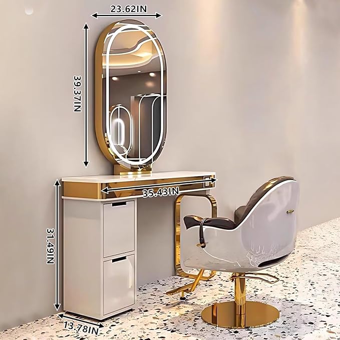 Golden Salon Station for Hair Stylist (Oval LED Mirror)(Storage Cabinets), Barber Station with Light Luxury Style