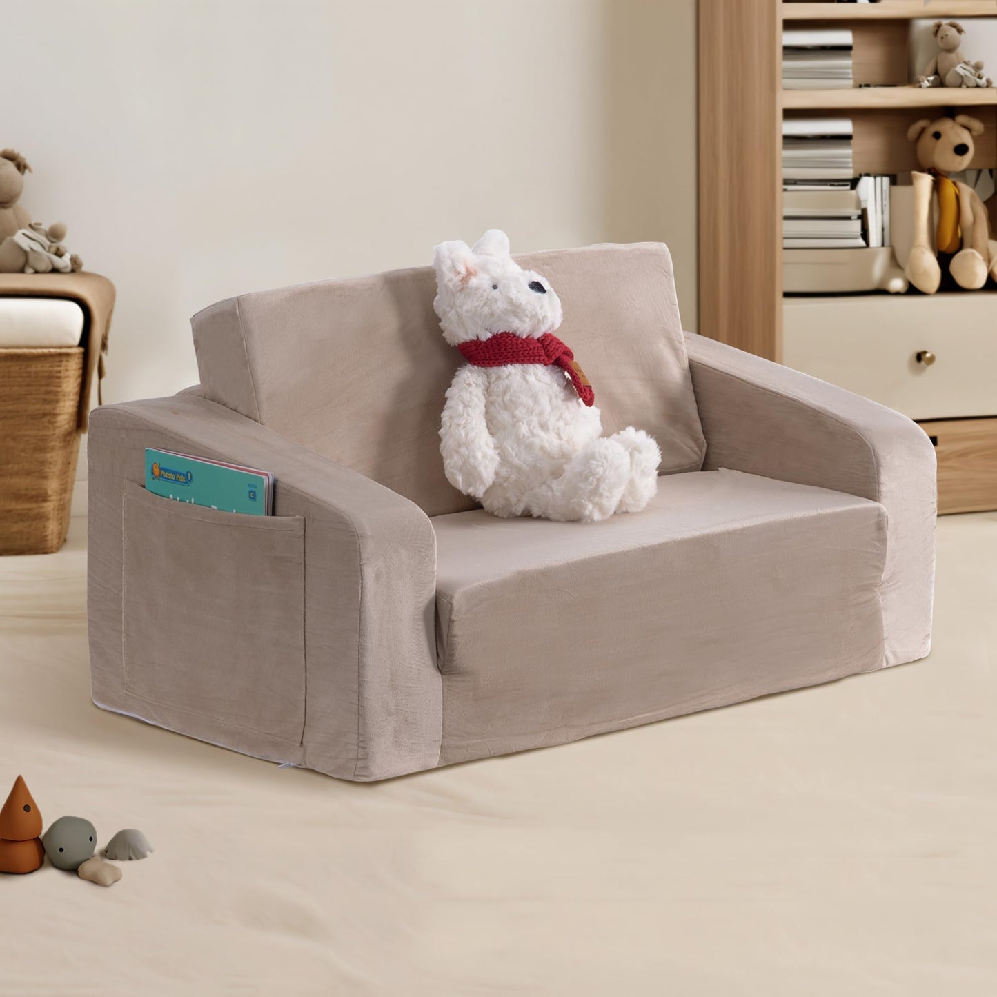 Deppon Kids Couch, Extra Wide 2-in-1 Toddler Sofa Convertible Fold Out to Lounger Bed for Girls and Boys, Apricot