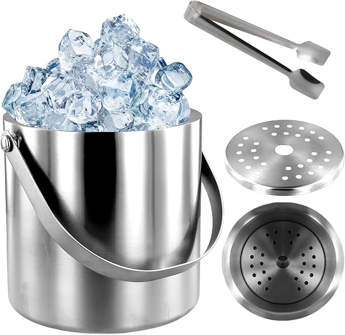 Abizarch Ice Bucket with Lid Strainer Tong,2QT Double Walled Stainless Steel Insulated Ice Bucket Container,Good Sealing I...