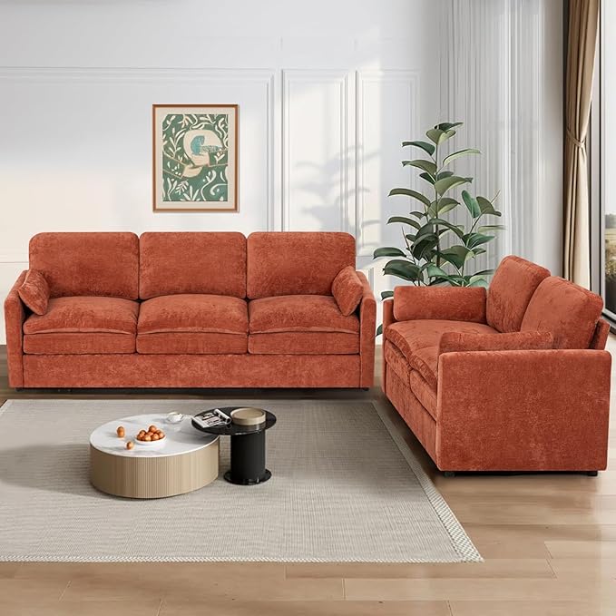 ACMEASE 2 Pieces Chenille Sofa Set w/Arm Pillows, Upholstered Loveseat & 3 Seater Sofa w/Comfortable Back Cushions, Modern 2-Seat & 3-Seat w/High-Density Foam for Living Room, Apartment, Orange
