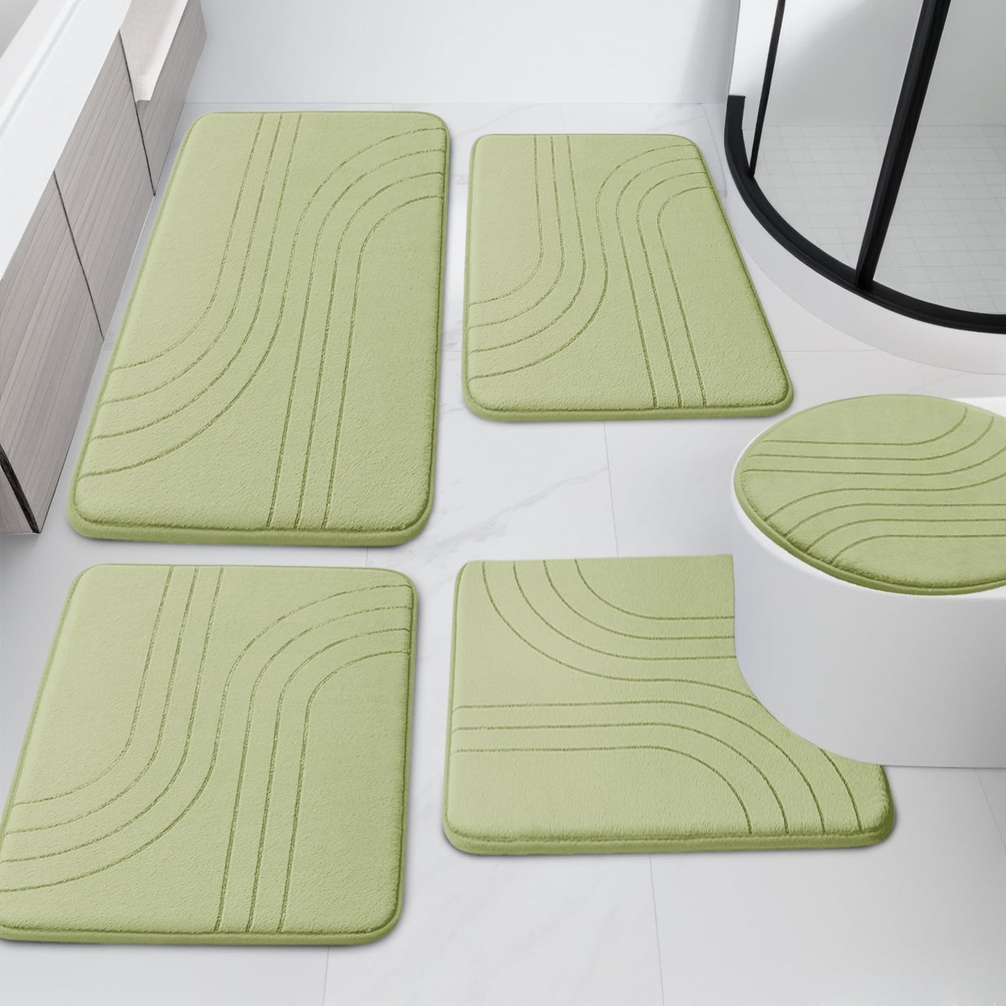 YIHOUSE Bathroom Rug Set, Soft Non Slip Memory Foam Bath Mats, Extra Thick, Machine Washable, Green