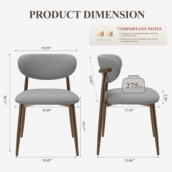 MALOL Dining Chairs Set of 4, Upholstered Dining Room Chairs with Metal Legs and Anti Slip Pads, Curved Back Kitchen Chair for Home and Restaurant Use, Light Grey