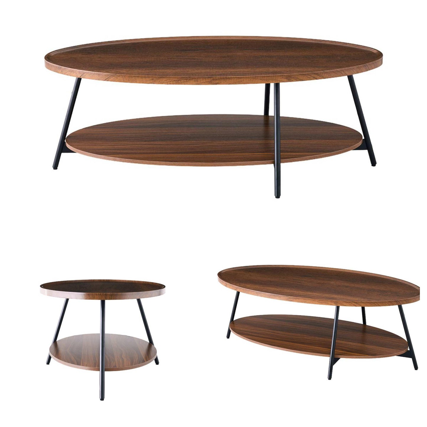 AGV Oval Coffee Table with Shelf Storage, 2-Tier Walnut Wood Finish Center Table for Living Room, Modern Asymmetrical Metal Legs, Raised Edge Sofa Table