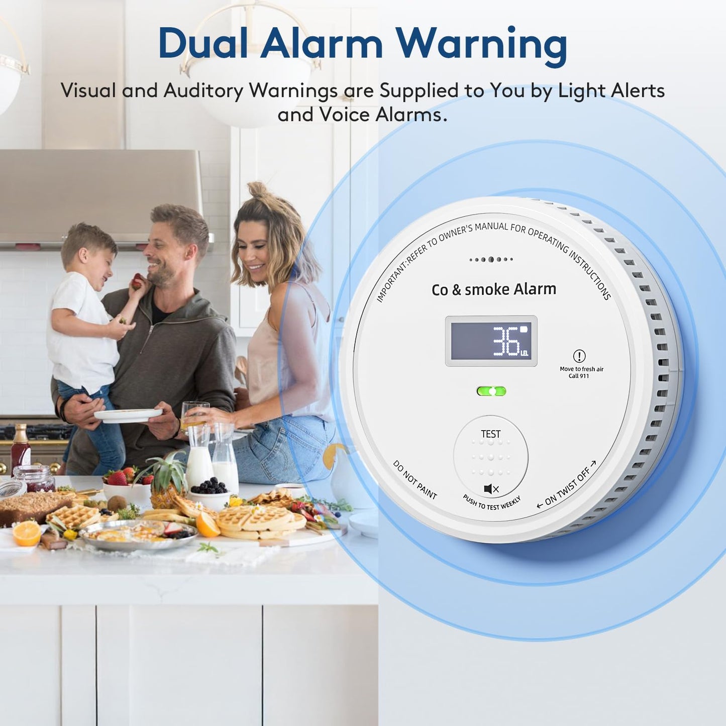 10-Year Battery Smoke and Carbon Monoxide Detector 2-in-1 with Digital Display, 85dB Visual & Audible Alarm, Easy Setup for Living Room,Camper,RV, Brings Peace of Mind