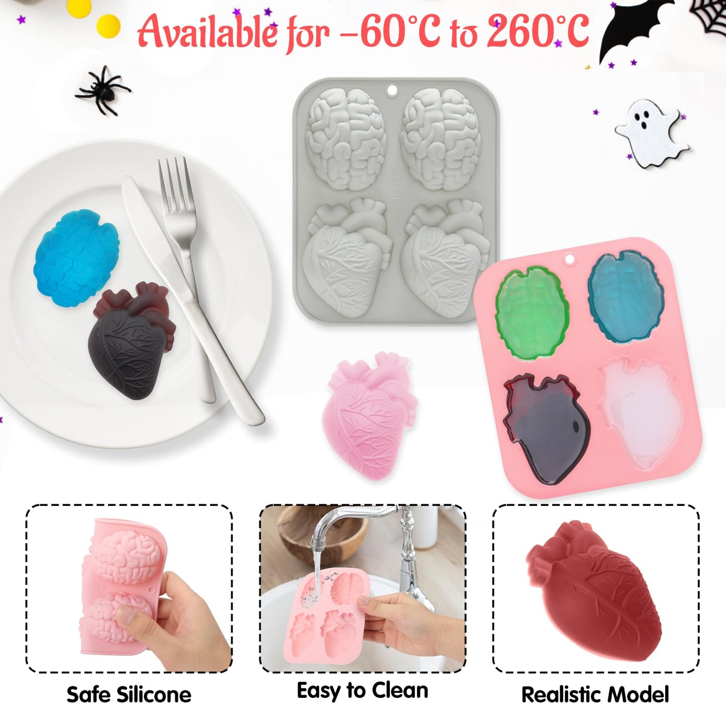 HOMQYTE Silicone Ice Cube Trays 2PCS Brain Skull RIP Gravestone Mold for Ice, Candy, Cake, Soap, Chocolate, Halloween (Pink&Gray, 2P Brain Heart)