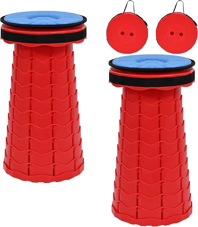 FXKS 2 Pack Upgraded Collapsible Stool Folding Stool with Cushion,Retractable Folding Stool Max Load Capacity 400lbs, Portable Telescoping Stools for Camping Hiking Outdoor BBQ -Red