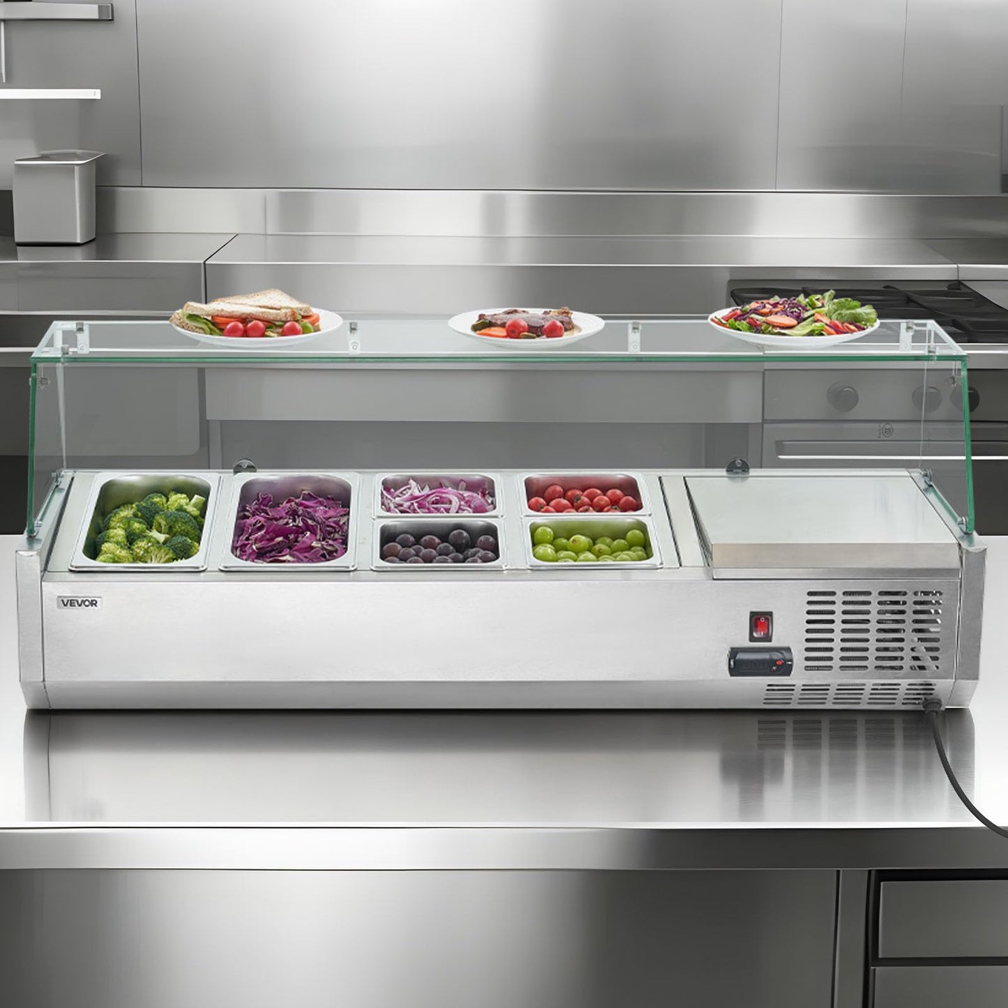 VEVOR Refrigerated Condiment Prep Station, 130 W Countertop Refrigerated Condiment Station, with Two 1/3 Pans & Four 1/6 Pans, 304 Stainless Body and PC Lid, Sandwich Prep Table with Glass Guard