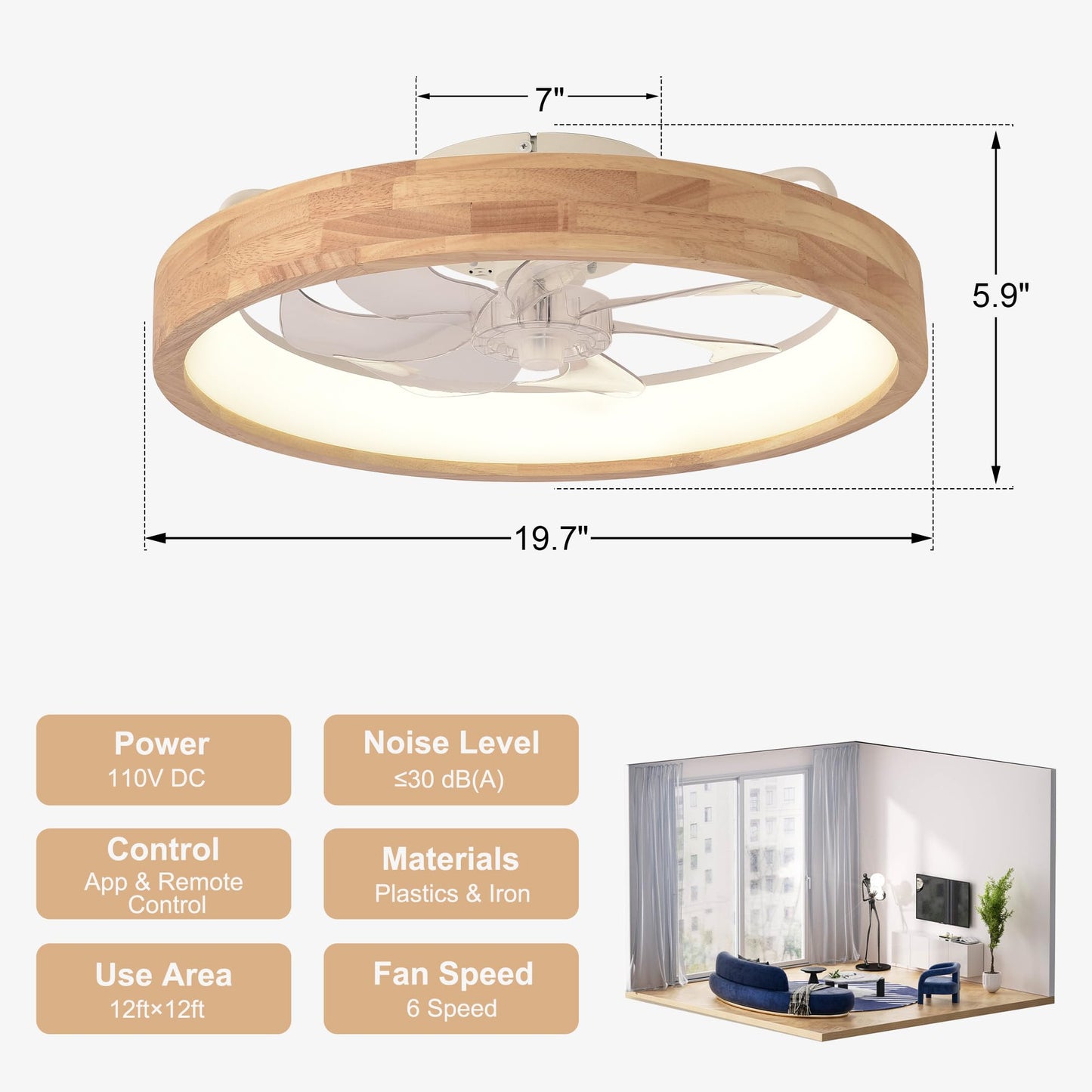 Oaks Aura 20” Ceiling Fan with Light, 3 Color Dimmable LED, 6 Speeds,Reversible Modern Wooden Flush Mount Low Profile Ceiling Fans with Lights and Remote for Bedroom/Kidsroom/Dinng Room