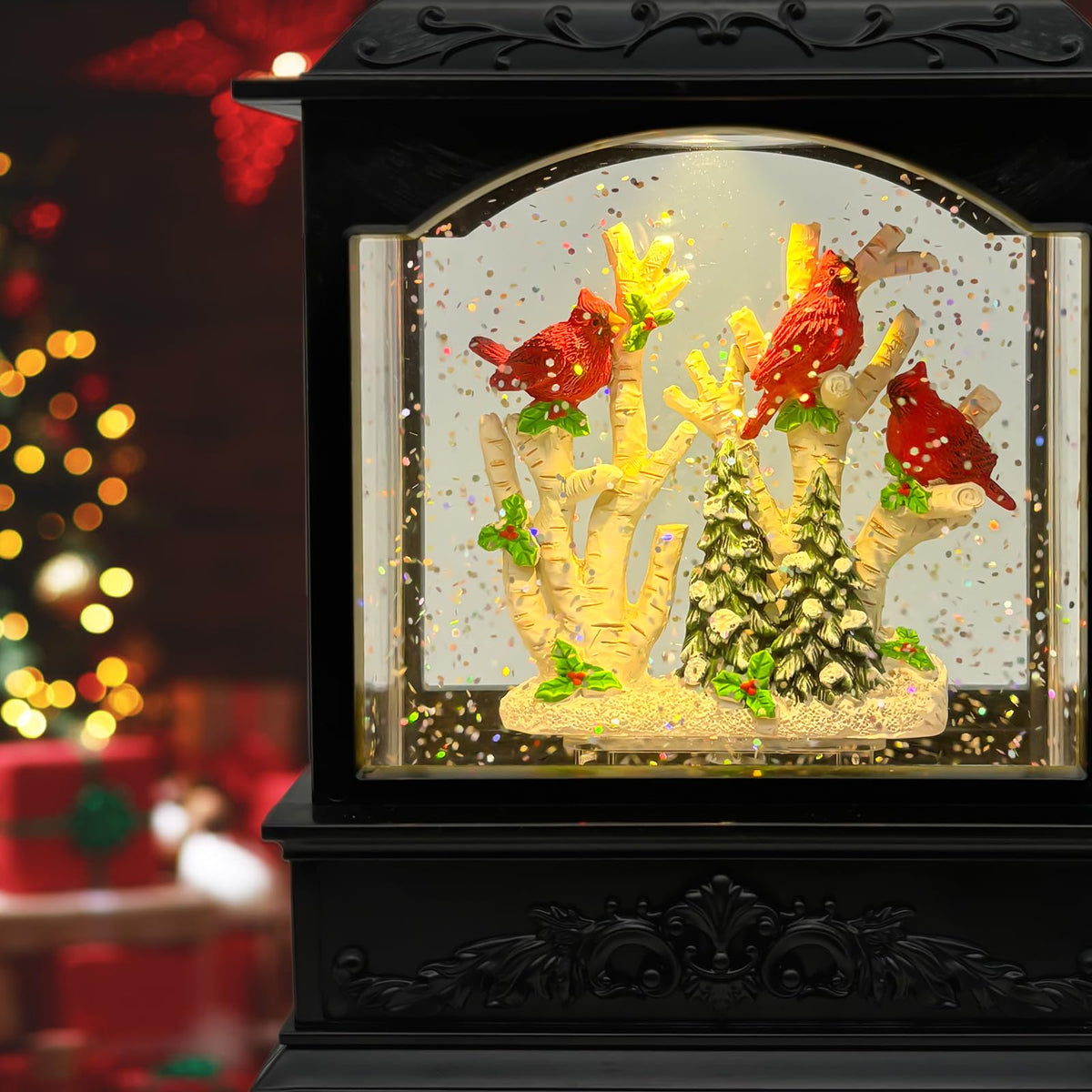 AOMIL Christmas Snow Globes Lantern with Music & Timer - USB/Battery Operated LED Glittering Globe Lantern, Snow Globe Decoration for Home Holiday Decor (Red Robin)