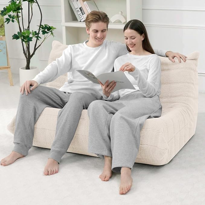 HABUTWAY Bean Bag Chairs Fireside Lazy Floor Sofa, Soft Teddy Fleece 2 Seater Sofa with High-Resilience Foam Filling，Beanbag for Living Room, Bedroom, Office (Beige Teddy)