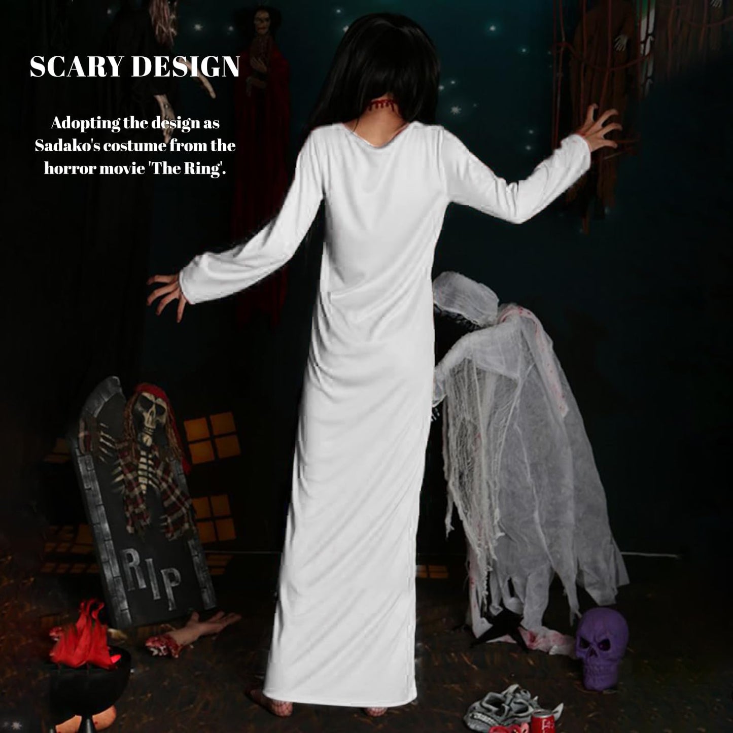 DECEED 2 PCS Halloween Ghost Costume for Adult, White Robe Black Wig Set, The Ring Samara Cosplay Costume Dress Up Party Outfit (L)
