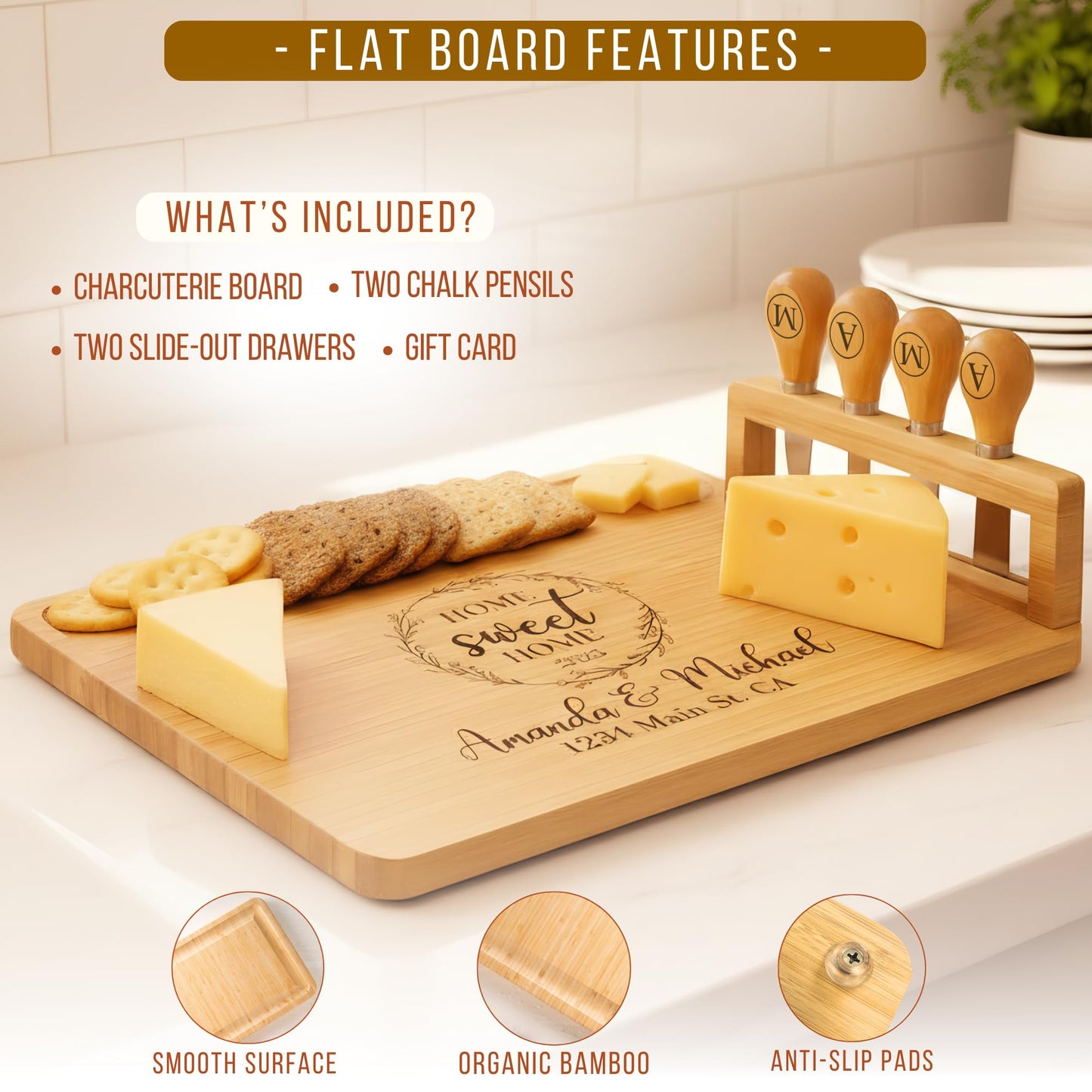 Personalized Bamboo Charcuterie Board Set with Accessories – Large Serving Tray with Knives & Smooth Surface for Cutting or Serving, Present for Wedding, Christmas, Anniversary, Housewarming Gift