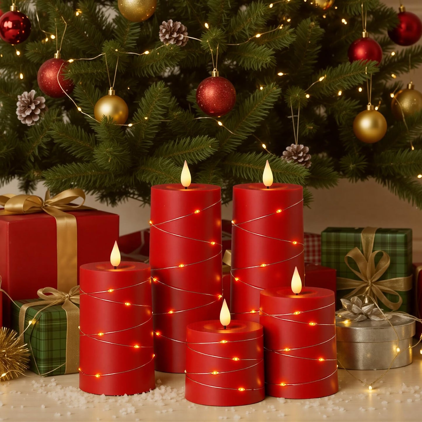 Raycare Flameless Candles with Remote Timer, Flickering Battery Operated LED Pillar Fake Candle with String Lights for Home Decor, Christmas, Wedding and Gift, Red, Set of 5