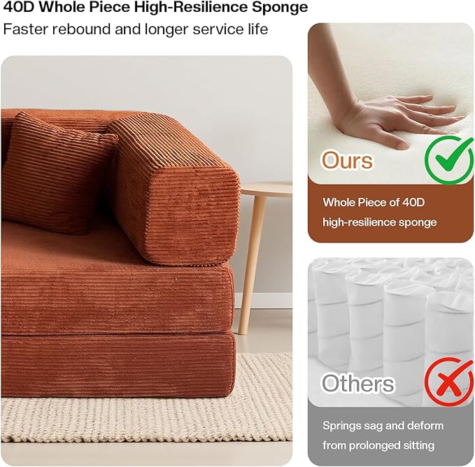 Kelyda 79 Inch Convertible Sofa Bed Couch in Box, 5 in 1 Folding Modular Boneless Couch with Pull Out Bed 2 Pillows, Soft Corduroy Floor Futon Lounge Loveseat Sleeper Lazy Cama No Assembly Orange