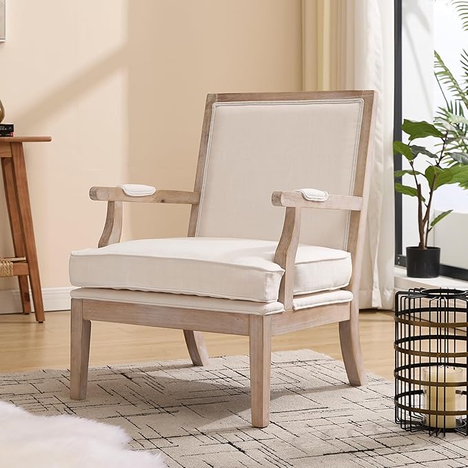 DM Furniture Mid Century Modern Accent Chair Upholstered Living Room Chairs with Armrest Linen Fabric Comfy Lounge Armchair Retro Solid Wood Reading Chair for Bedroom, Guest Room, Balcony, Beige